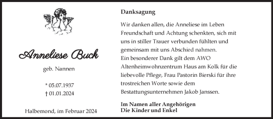 Traueranzeige von Anneliese Buch von Ostfriesischer Kurier GmbH