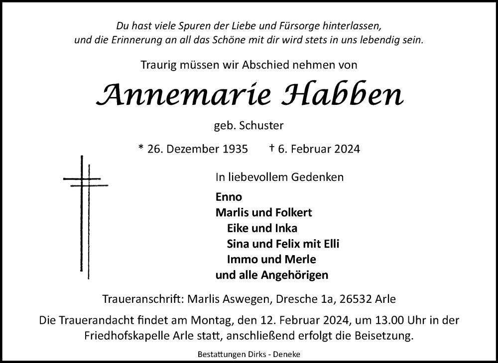  Traueranzeige für Annemarie Habben vom 08.02.2024 aus Ostfriesischer Kurier GmbH