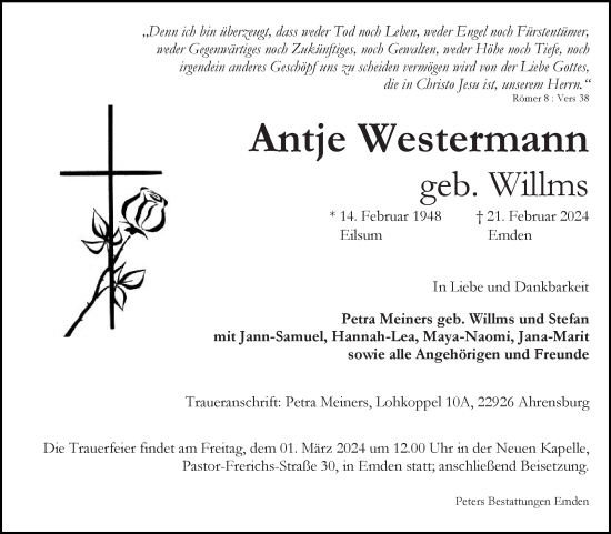 Traueranzeige von Antje Westermann von Ostfriesischer Kurier GmbH