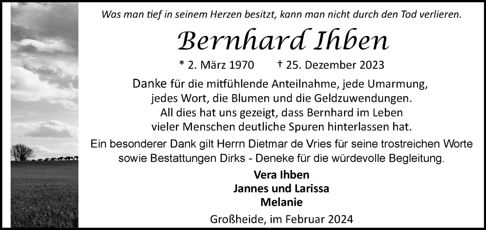  Traueranzeige für Bernhard Ihben vom 03.02.2024 aus Ostfriesischer Kurier GmbH