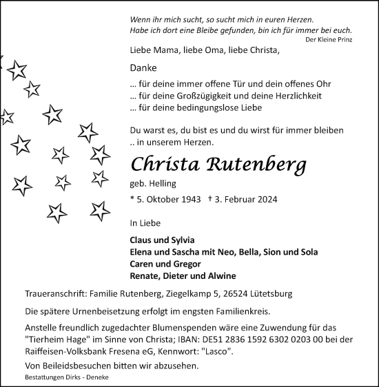 Traueranzeige von Christa Rutenberg von Ostfriesischer Kurier GmbH