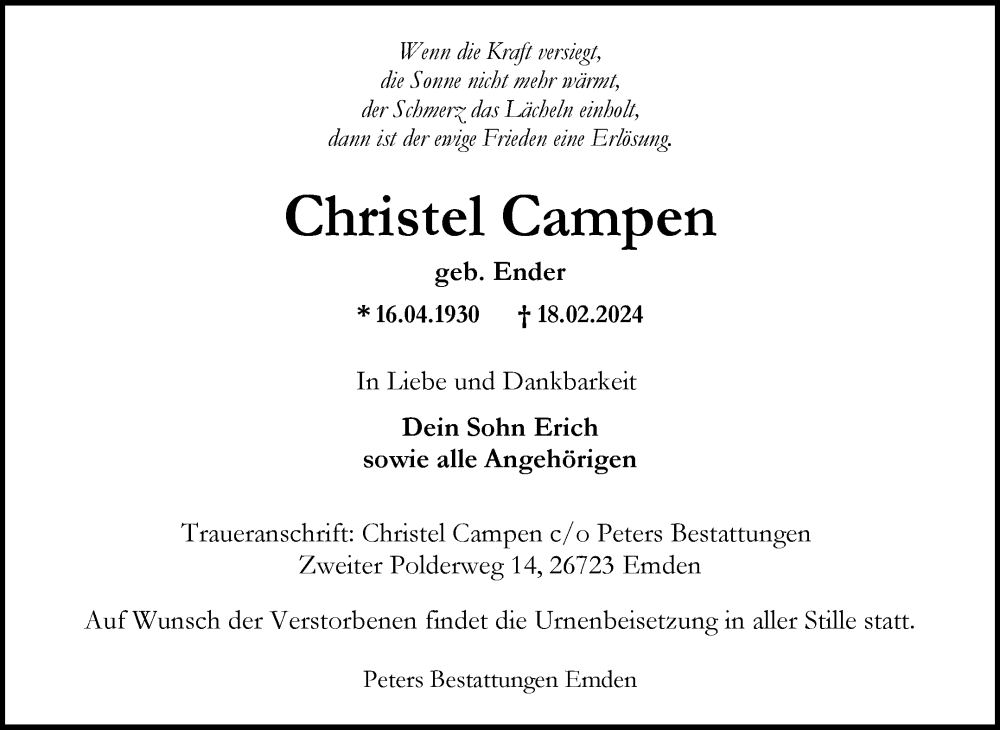  Traueranzeige für Christel Campen vom 24.02.2024 aus Ostfriesischer Kurier GmbH