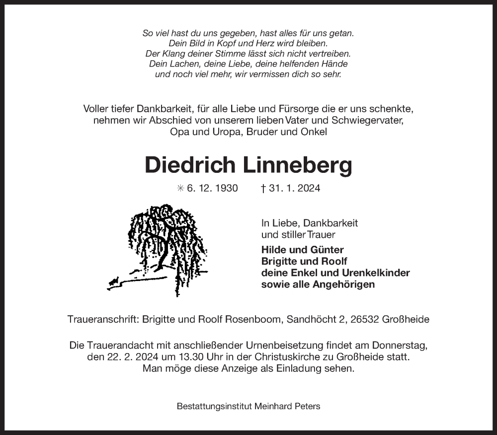  Traueranzeige für Diedrich Linneberg vom 17.02.2024 aus Ostfriesischer Kurier GmbH