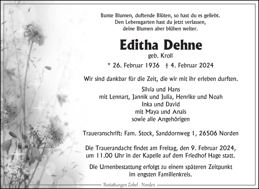  Traueranzeige für Editha Dehne vom 06.02.2024 aus Ostfriesischer Kurier GmbH