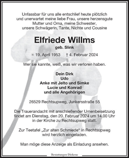 Traueranzeige von Elfriede Willms von Ostfriesischer Kurier GmbH