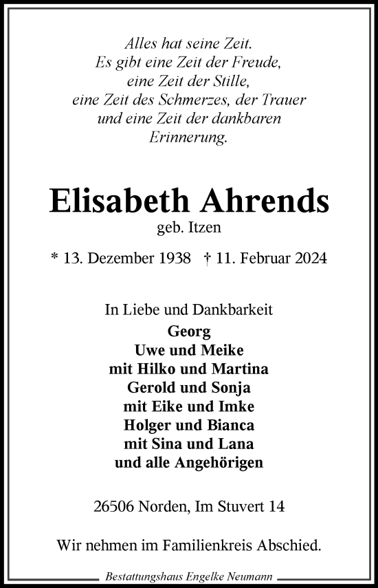 Traueranzeige von Elisabeth Ahrends von Ostfriesischer Kurier GmbH