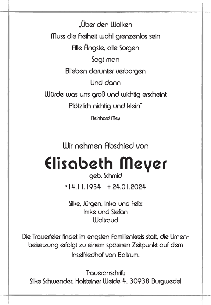  Traueranzeige für Elisabeth Meyer vom 03.02.2024 aus Ostfriesischer Kurier GmbH