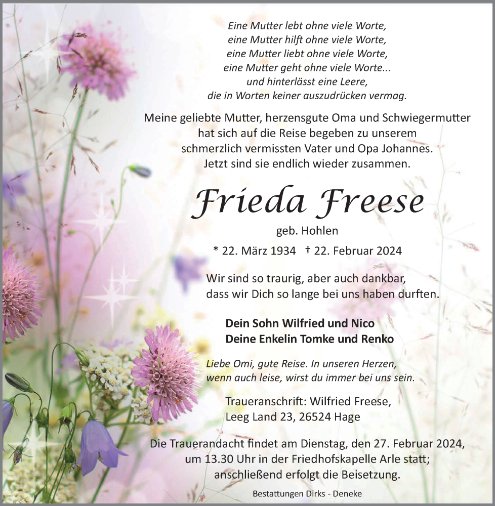 Traueranzeige für Frieda Freese vom 24.02.2024 aus Ostfriesischer Kurier GmbH