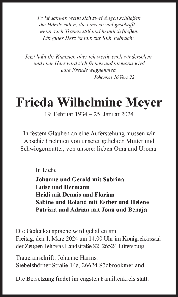  Traueranzeige für Frieda Wilhelmine Meyer vom 24.02.2024 aus Ostfriesischer Kurier GmbH