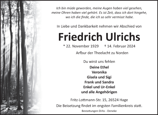 Traueranzeige von Friedrich Ulrichs von Ostfriesischer Kurier GmbH