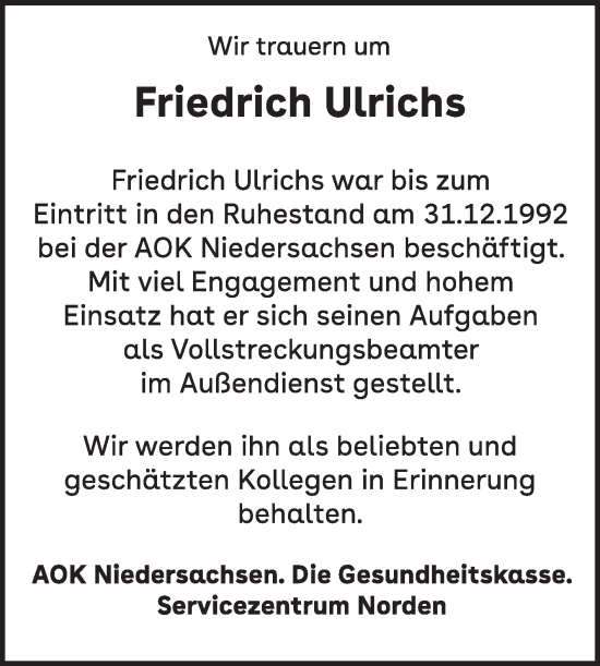 Traueranzeige von Friedrich Ulrichs von Ostfriesischer Kurier GmbH