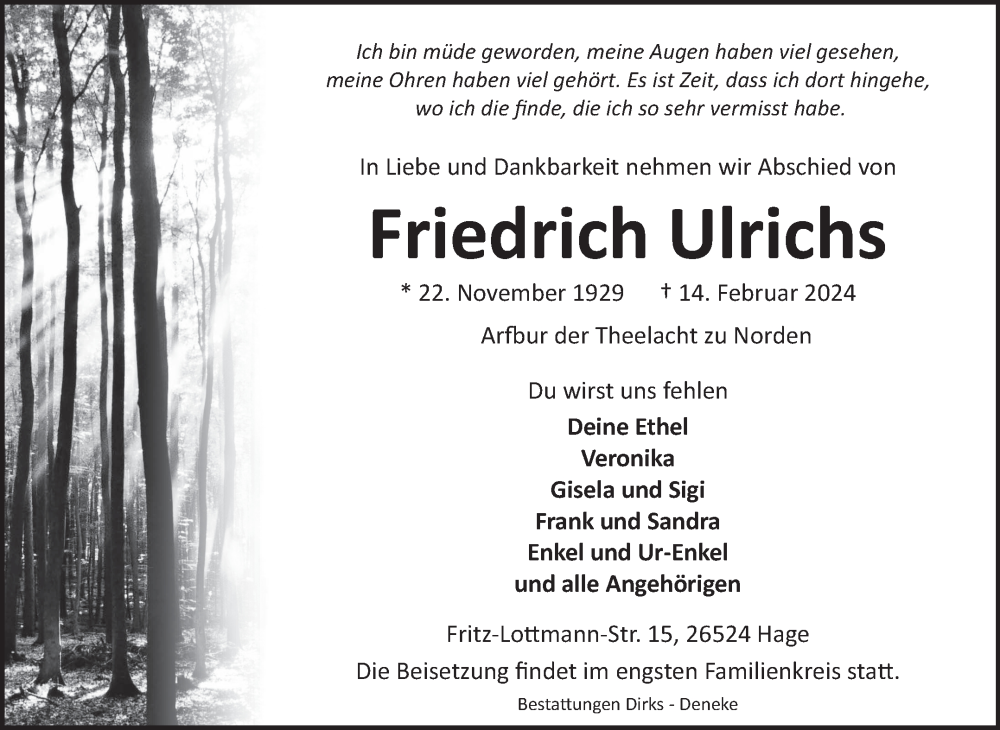  Traueranzeige für Friedrich Ulrichs vom 17.02.2024 aus Ostfriesischer Kurier GmbH