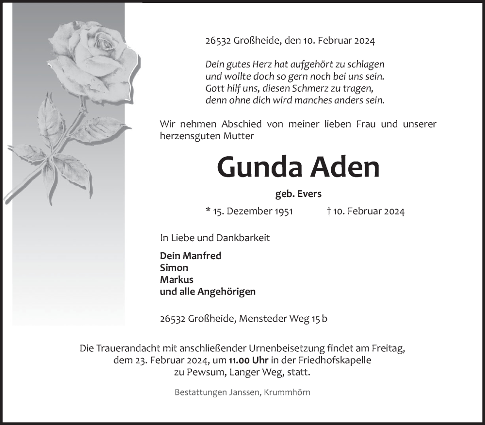  Traueranzeige für Gunda Aden vom 17.02.2024 aus Ostfriesischer Kurier GmbH