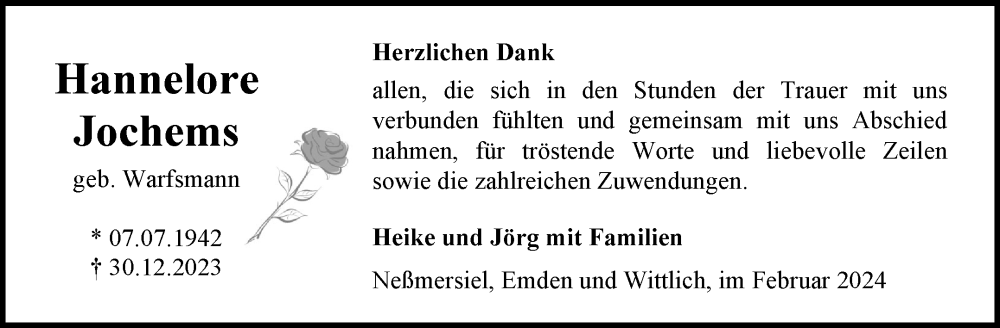  Traueranzeige für Hannelore Jochems vom 17.02.2024 aus Ostfriesischer Kurier GmbH