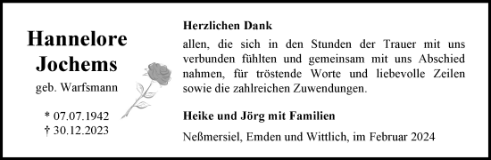 Traueranzeige von Hannelore Jochems von Ostfriesischer Kurier GmbH