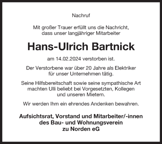 Traueranzeige von Hans-Ulrich Bartnick von Ostfriesischer Kurier GmbH