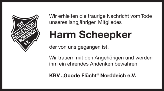 Traueranzeige von Harm Scheepker von Ostfriesischer Kurier GmbH