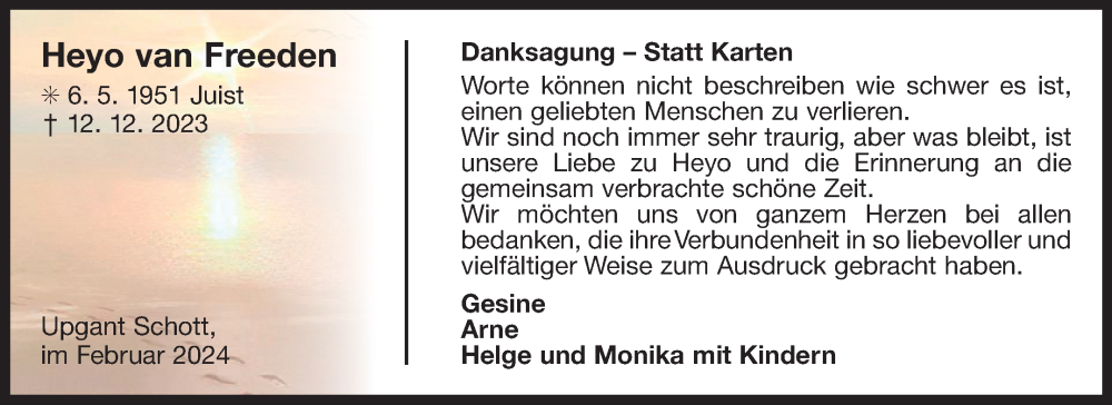  Traueranzeige für Heyo van Freeden vom 20.02.2024 aus Ostfriesischer Kurier GmbH