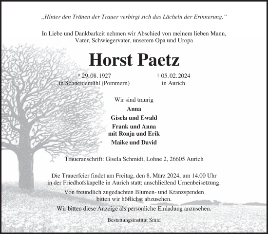 Traueranzeige von Horst Paetz von Ostfriesischer Kurier GmbH