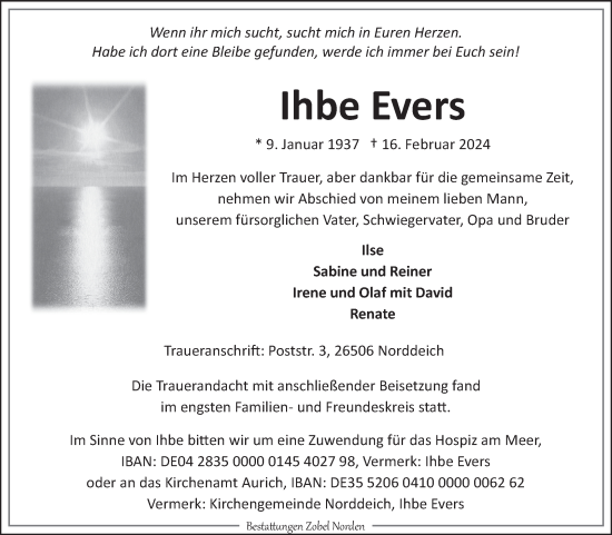 Traueranzeige von Ihbe Evers von Ostfriesischer Kurier GmbH