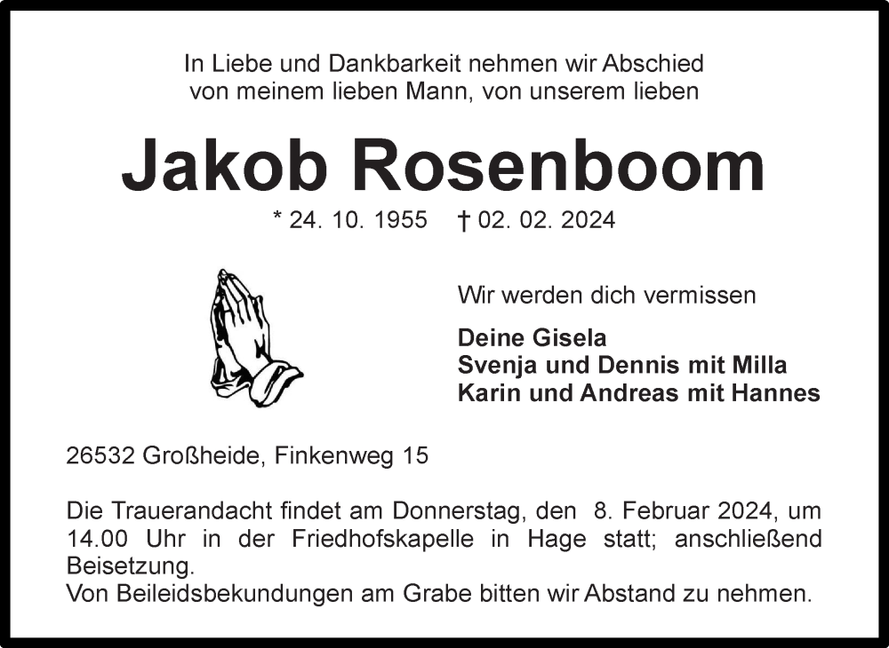  Traueranzeige für Jakob Rosenboom vom 03.02.2024 aus Ostfriesischer Kurier GmbH