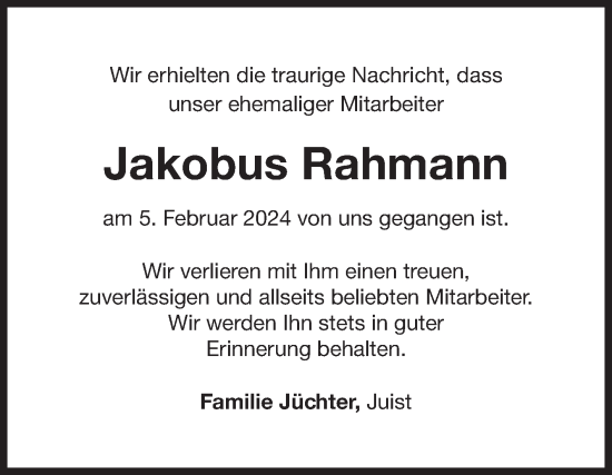 Traueranzeige von Jakobus Rahmann von Ostfriesischer Kurier GmbH