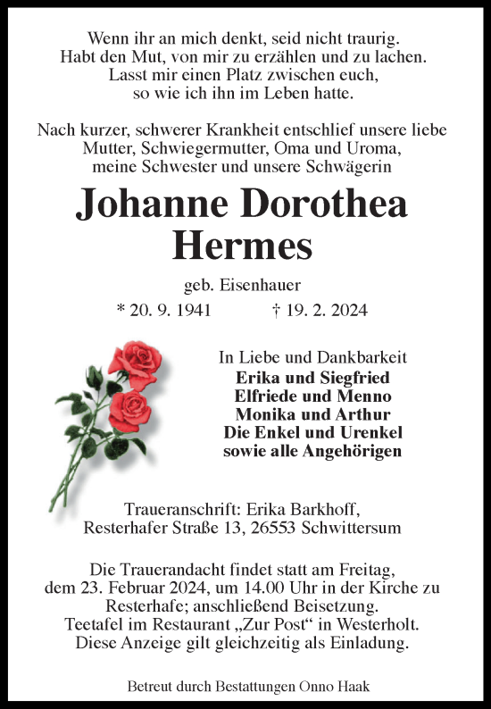 Traueranzeige von Johanne Dorothea Hermes von Ostfriesischer Kurier GmbH