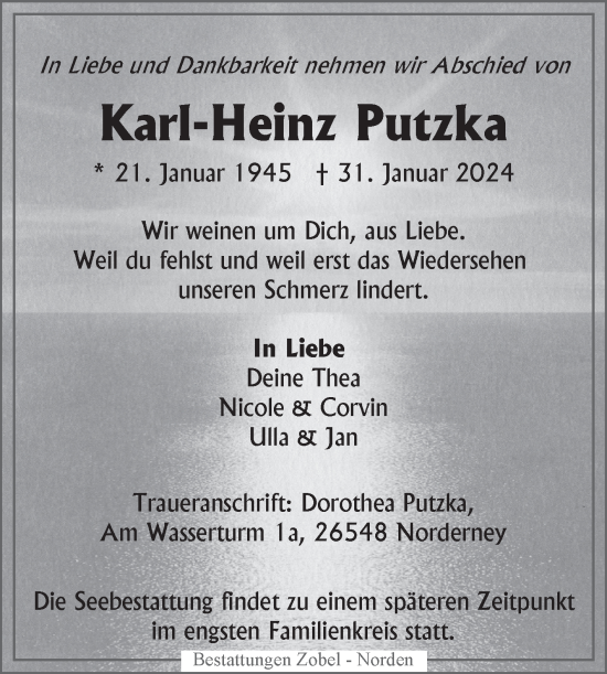 Traueranzeige von Karl-Heinz Putzka von Ostfriesischer Kurier GmbH
