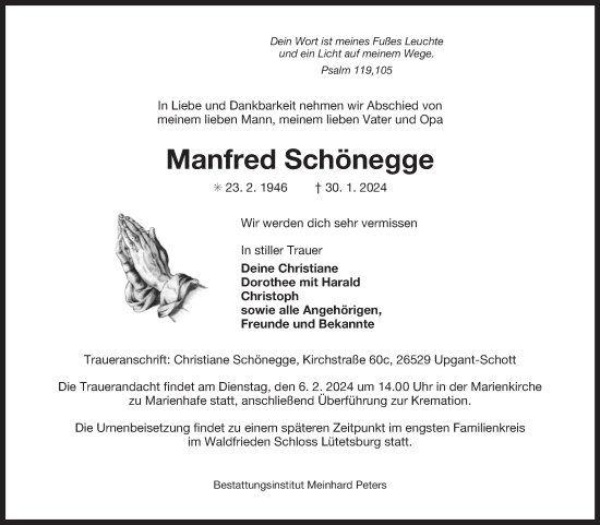Traueranzeige von Manfred Schönegge von Ostfriesischer Kurier GmbH