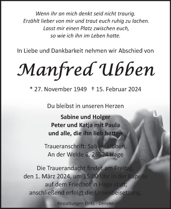 Traueranzeige von Manfred Ubben von Ostfriesischer Kurier GmbH