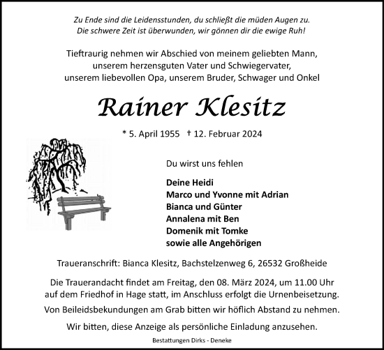 Traueranzeige von Rainer Klesitz von Ostfriesischer Kurier GmbH