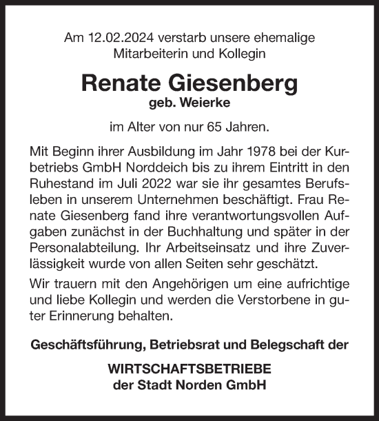 Traueranzeige von Renate Giesenberg von Ostfriesischer Kurier GmbH