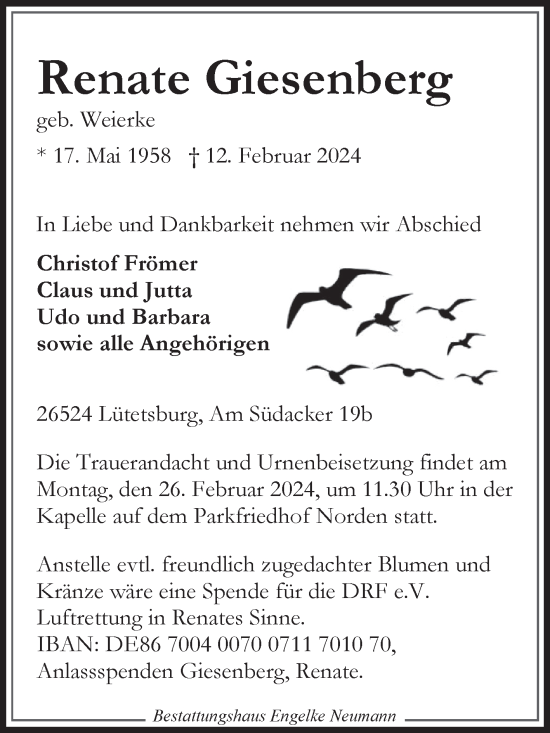 Traueranzeige von Renate Giesenberg von Ostfriesischer Kurier GmbH