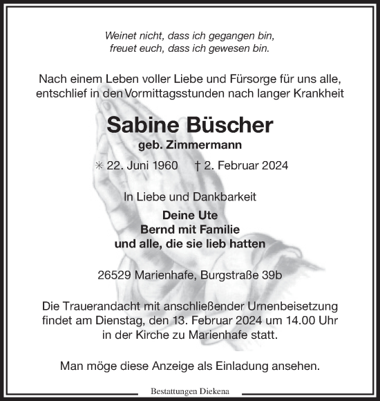 Traueranzeige von Sabine Büscher von Ostfriesischer Kurier GmbH