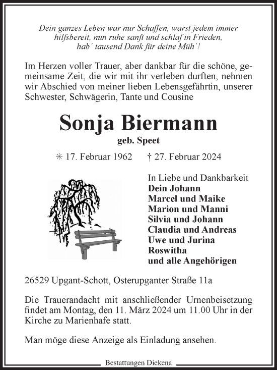 Traueranzeige von Sonja Biermann von Ostfriesischer Kurier GmbH