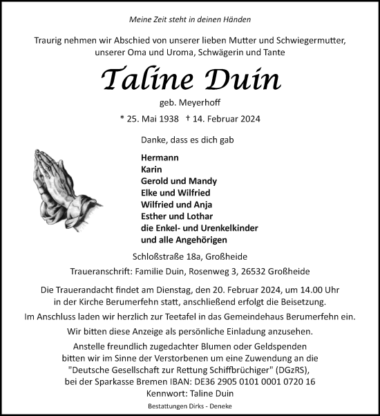 Traueranzeige von Taline Duin von Ostfriesischer Kurier GmbH