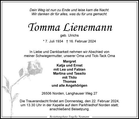Traueranzeige von Tomma Lienemann von Ostfriesischer Kurier GmbH