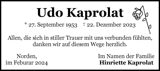 Traueranzeige von Udo Kaprolat von Ostfriesischer Kurier GmbH