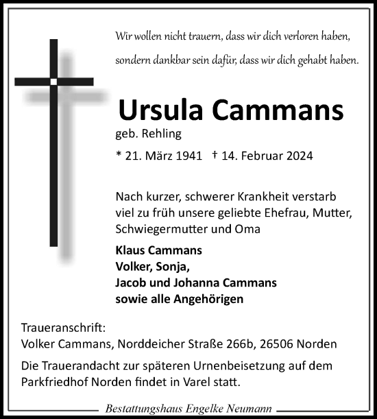 Traueranzeige von Ursula Cammans von Ostfriesischer Kurier GmbH