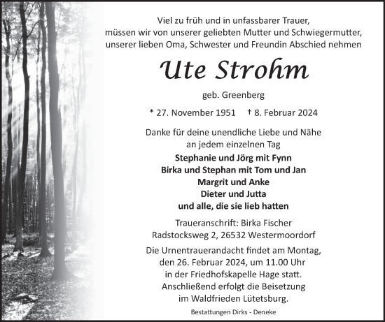 Traueranzeige von Ute Strohur von Ostfriesischer Kurier GmbH