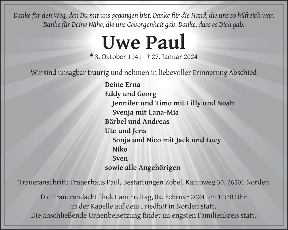  Traueranzeige für Uwe Paul vom 03.02.2024 aus Ostfriesischer Kurier GmbH