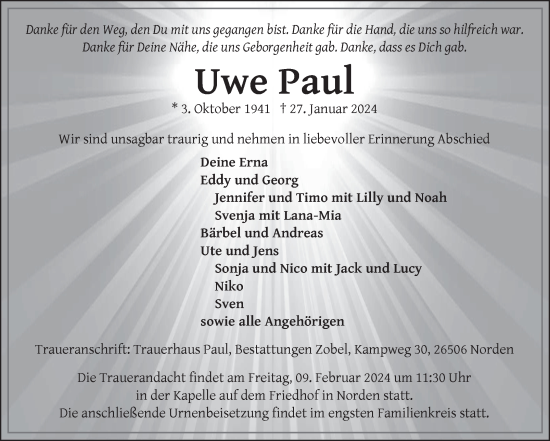 Traueranzeige von Uwe Paul von Ostfriesischer Kurier GmbH