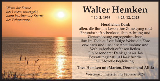 Traueranzeige von Walter Hemken von Ostfriesischer Kurier GmbH