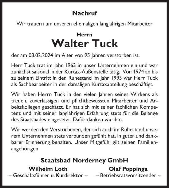 Traueranzeige von Walter Tuck von Ostfriesischer Kurier GmbH
