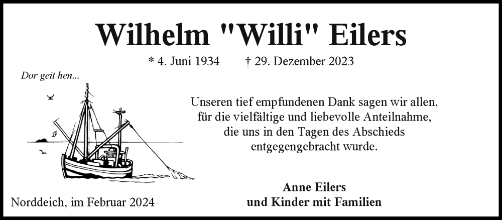  Traueranzeige für Wilhelm Eilers vom 07.02.2024 aus Ostfriesischer Kurier GmbH