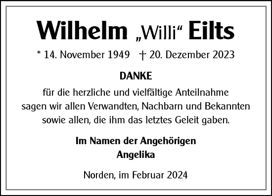 Traueranzeige von Wilhelm Eilts von Ostfriesischer Kurier GmbH