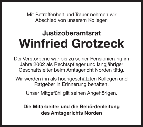 Traueranzeige von Winfried Grotzeck von Ostfriesischer Kurier GmbH
