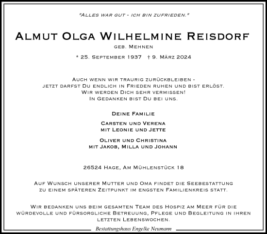 Traueranzeige von Almut Reisdorf von Ostfriesischer Kurier GmbH