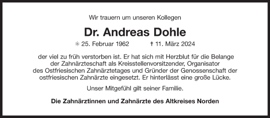 Traueranzeige von Andreas Dohle von Ostfriesischer Kurier GmbH