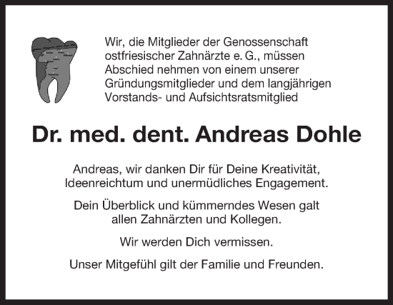 Traueranzeige von Andreas Dohle von Ostfriesischer Kurier GmbH